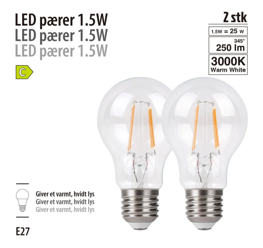 Online LED-filamentpærer 1,5 W E27 - 2-pk.