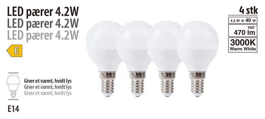 Hot LED-pære krone 4,2 W E14 4-pk.