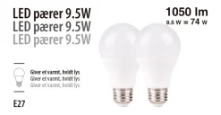 LED-pærer standart 9,5 W E27 - 2-pk.
