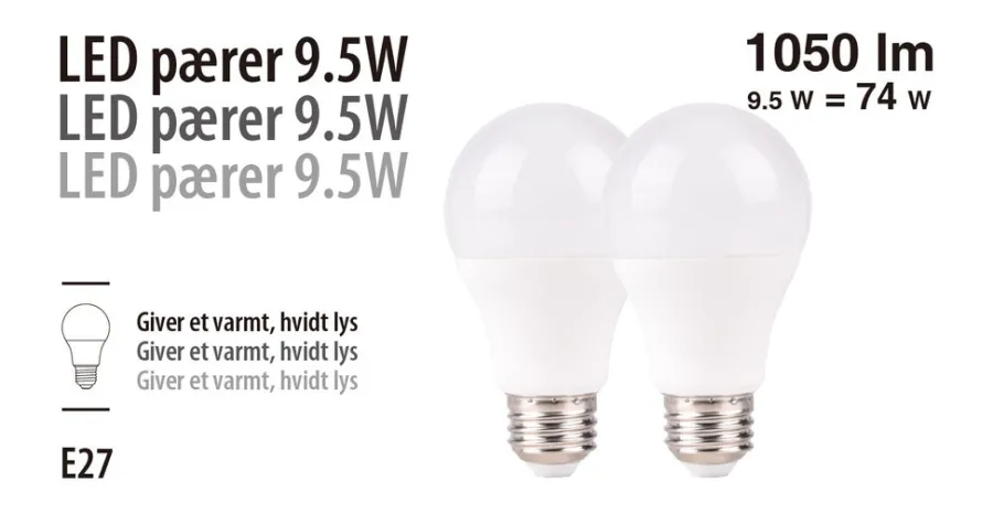 LED-pærer standart 9,5 W E27 - 2-pk.