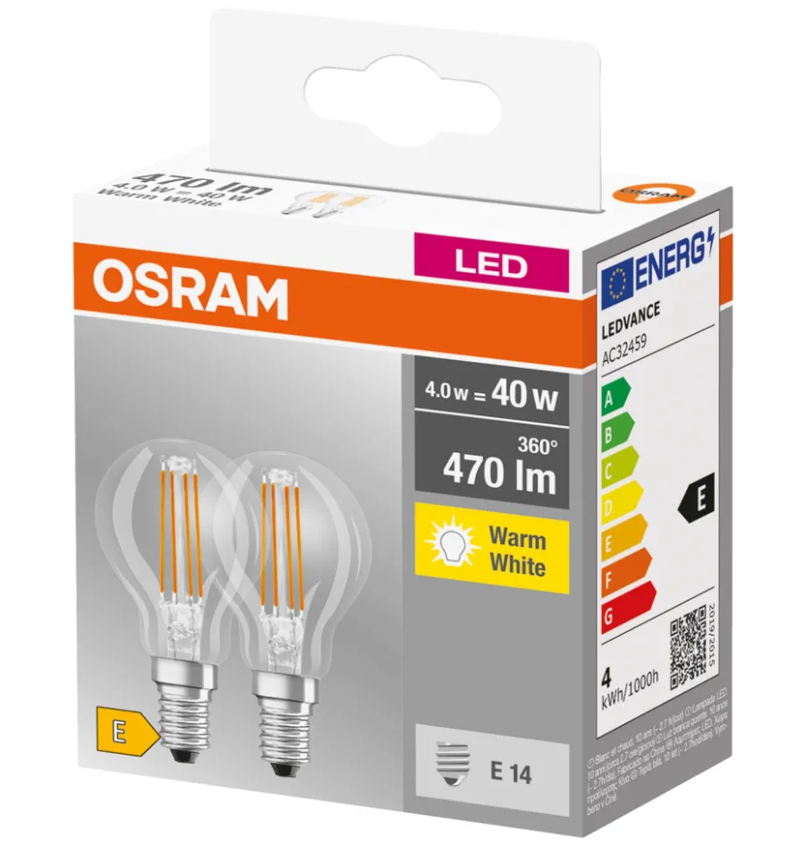 Hot Osram LED kronepære E14 4 W 2-pk.